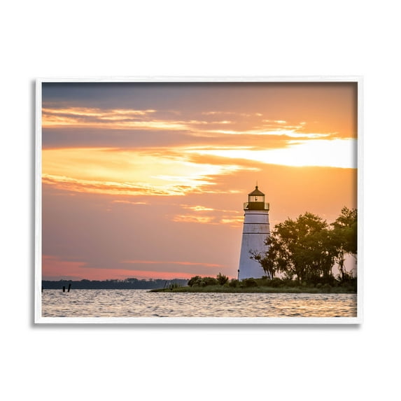 Nautical Lighthouse Sunset Horizon Coastal Photograph White Framed Art Print Wall Art