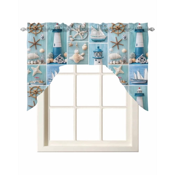 Nautical Lighthouse Swag Curtains for Kitchen Ocean Starfish Anchor Sailboat Shell Valances for Windows Rod Pocket Small Window Treatment Topper for Cafe Bedroom Bathroom Living Room Decor 56x36 Inch