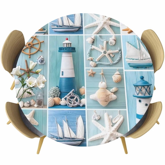 Nautical Lighthouse Table Cloth, Round Fitted Tablecloths with Elastic Edge, Ocean Starfish Anchor Sailboat Shell Wipeable Waterproof Table Cover for Kitchen Wedding 36-44 Inches