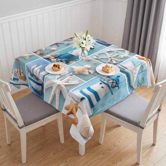 Nautical Lighthouse Table Cloth Waterproof Tablecloths, Ocean Starfish Anchor Sailboat Shell Tablecloth Dining Table Cover for Kitchen Party Tabletop Outdoor, Square Tablecloth 54x54 Inch