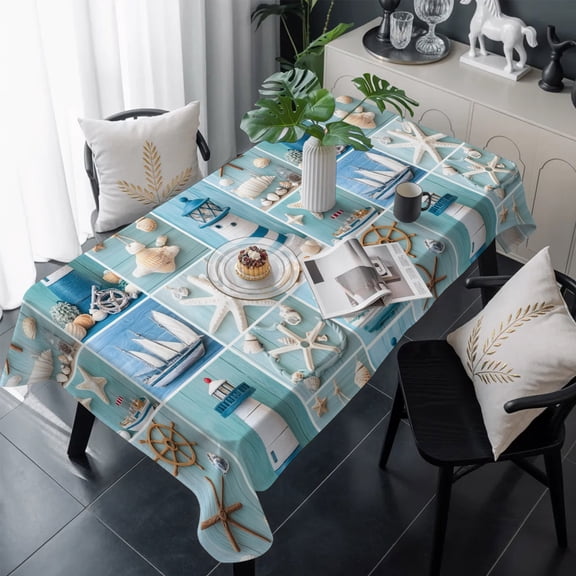 Nautical Lighthouse Table Cloth Waterproof Tablecloths, Ocean Starfish Anchor Sailboat Shell Tablecloth Dining Table Cover for Kitchen Party Tabletop Outdoor, Rectangle Tablecloth 60x120 Inch