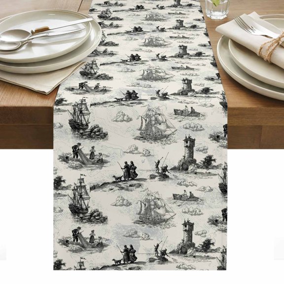 Nautical Lighthouse Table Runner Farmhouse Retro Ocean Ship Map Tablerunners 13 x 60 Inch, Table Decorations Tabletop Scarf for Summer Gathering Holiday Farmhouse Kitchen Dining Decor