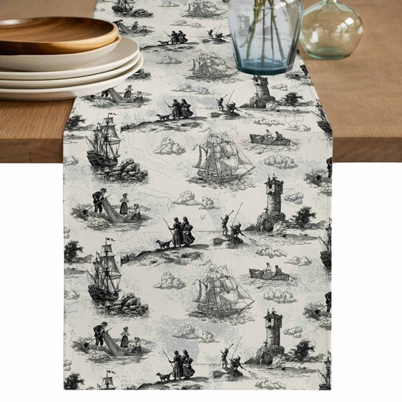 Nautical Lighthouse Table Runner, Farmhouse Retro Ocean Ship Map Washable Cotton Linen Table Runners 36 Inches Long, Dresser Scarf Runner for Nightstand/End Tables/Round Tables 13''x36''