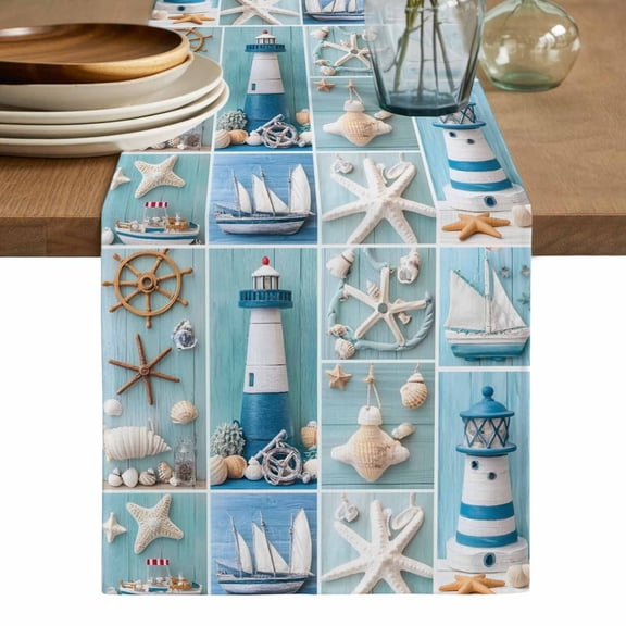Nautical Lighthouse Table Runner, Ocean Starfish Anchor Sailboat Shell Washable Cotton Linen Table Runners 48 Inches Long, Dresser Scarf Runner for Nightstand/Coffee/End Tables 13''x48''