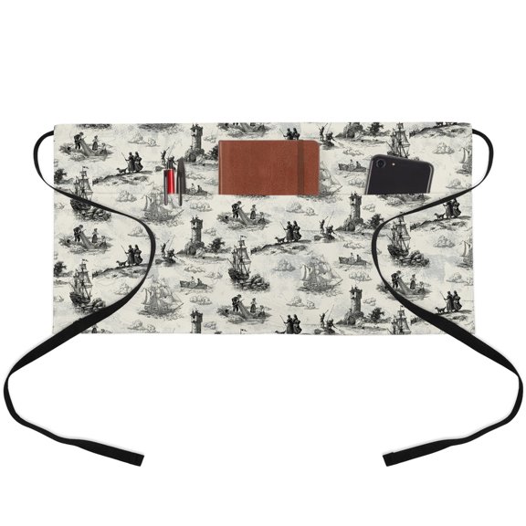 Nautical Lighthouse Waitress Apron with 3 Pockets, Farmhouse Retro Ocean Ship Map Server Aprons Waterproof Kitchen Restaurant Half Waist Apron for Men Women
