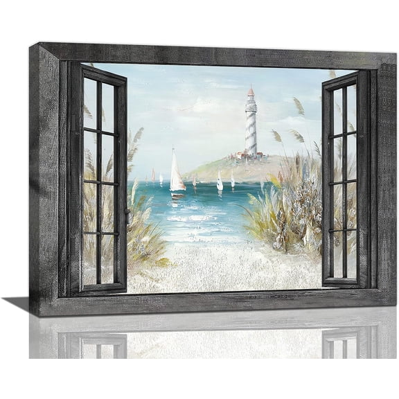 Nautical Lighthouse Wall Art Coastal Beach Ocean Sailboat Bathroom Pictures Wall Decor 3d Window Canvas Prints Framed Modern Seascape Landscape Painting Artwork for Living Room Offic 16"x12"