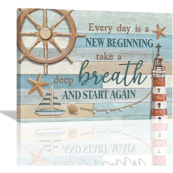 Nautical Lighthouse Wall Art Inspirational Quotes Rudder Helm Wall Decor Coastal Theme Pictures Painting Print Positive Framed Artwork for Bathroom Bedroom Living Room Office 16"x12"