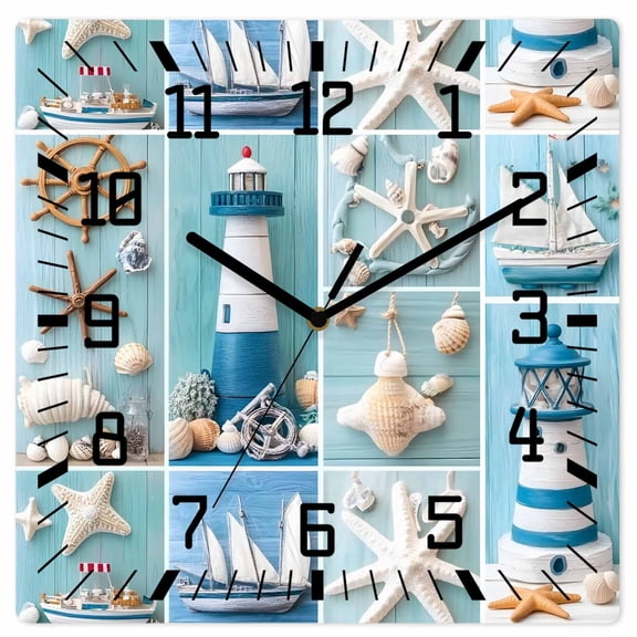 Nautical Lighthouse Wooden Wall Clock Silent Non Ticking, Ocean Starfish Anchor Sailboat Shell Square Wall Clocks Battery Operated, Decor Clock for Home Office, Living Room, Kitchen, 10 Inch