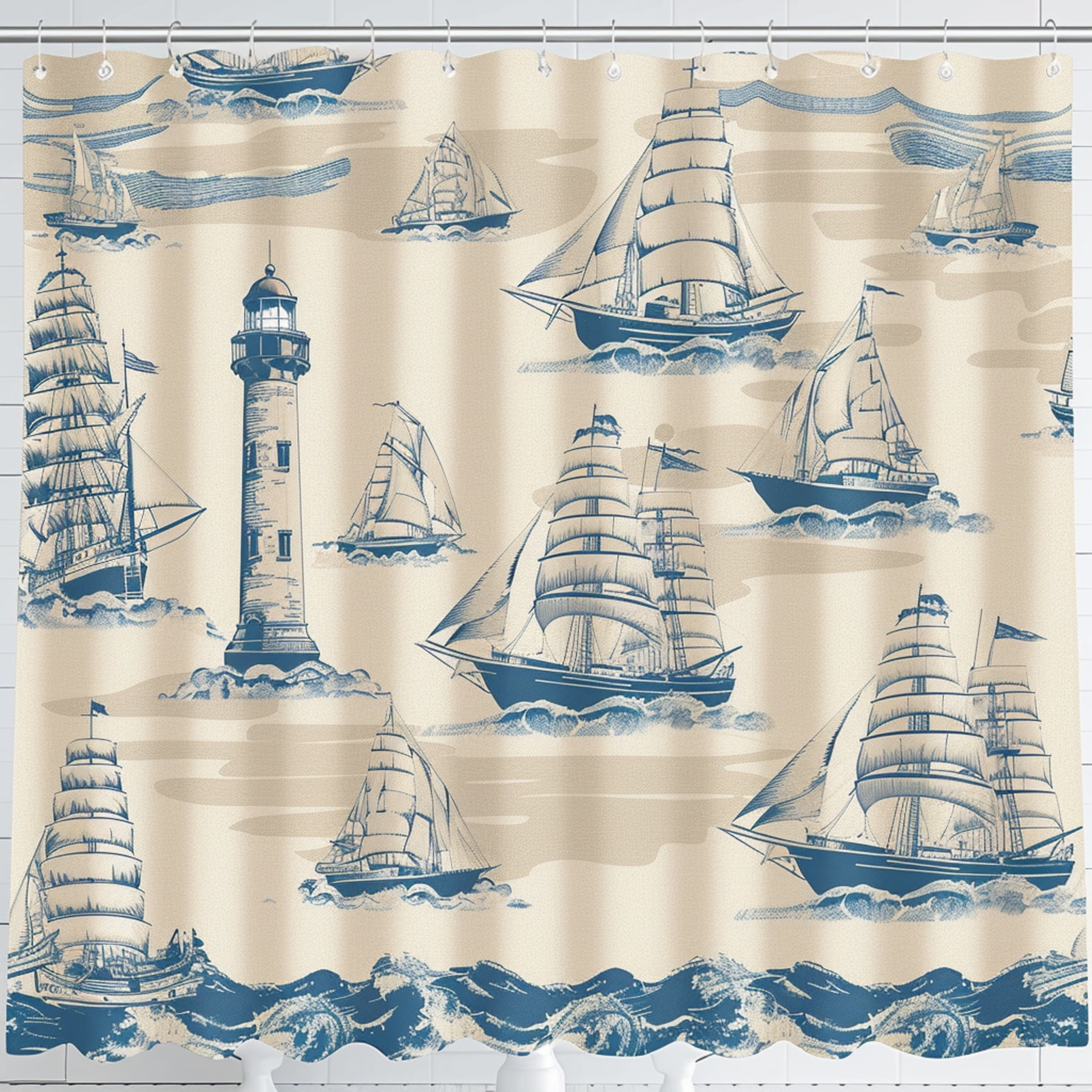 Nautical Lighthouse and Ships Vintage Style Shower Curtain Blue Beige