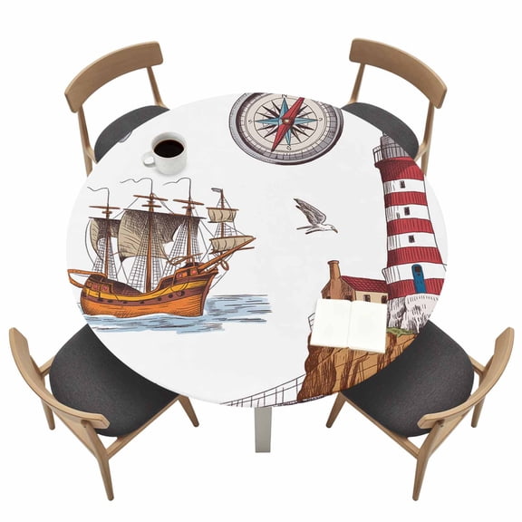 Nautical Lighthouses Fitted Tablecloth with Elastic Edged, Round Table Cloth for Dining Table, Ocean Ship Anchors Seashells Birds Waterproof Oil Proof Table Cover for Indoor Outdoor 36"-44"