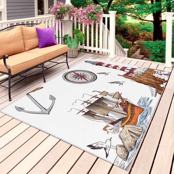 Nautical Lighthouses Outdoor Rug 3x5 Ft, Non Slip Washable Area Rug, Ocean Ship Anchors Seashells Birds Patio Rugs Carpet Runner, Large Floor Mat for Indoor/Outdoor Deck Porch Camping