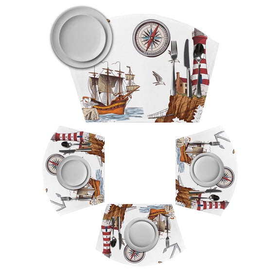 Nautical Lighthouses Round Table Placemats Set of 2 Wedge Placemats, Ocean Ship Anchors Seashells Birds Place Mats for Dining Table Set Washable Mats Kitchen Decor for Indoor Outdoor Wipe Clean