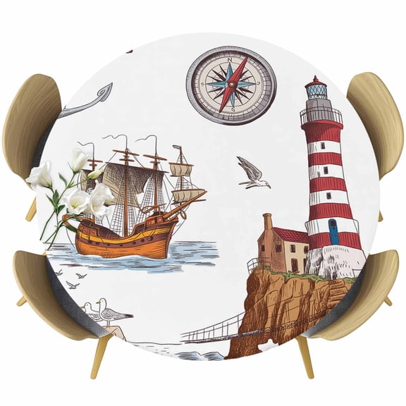 Nautical Lighthouses Round Tablecloth, Fitted Table Cover with Elastic for 36"-44" Round Tables, Ocean Ship Anchors Seashells Birds Table Cloth Outdoor Indoor Dinning Party Waterproof Tablecloths