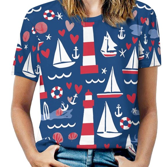 Nautical Lighthouses Sailboats Women's Short Sleeve T-Shirt Crew Neck Casual Summer Trendy Loose Fit Tops