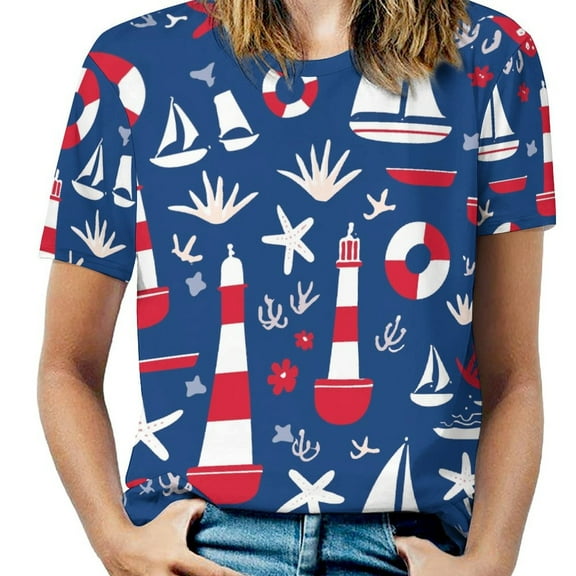 Nautical Lighthouses Sails-1 Womens Tops Women's Fashion Casual Short Sleeve Flower Print Round Neck Pullover Top Blouse