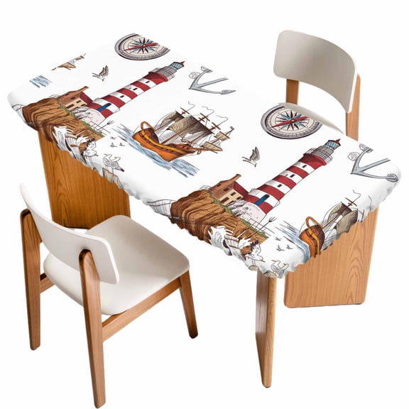 Nautical Lighthouses Table Cloths for 3 Foot Rectangle Tables, Ocean Ship Anchors Seashells Birds Patio Waterproof Elastic Fitted Tablecloths, Washable Rectangular Table Cover for Camping
