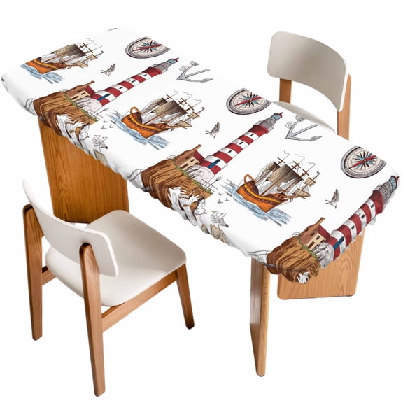 Nautical Lighthouses Table Cloths for 8 Foot Rectangle Tables, Ocean Ship Anchors Seashells Birds Patio Waterproof Elastic Fitted Tablecloths, Washable Rectangular Table Cover for Camping