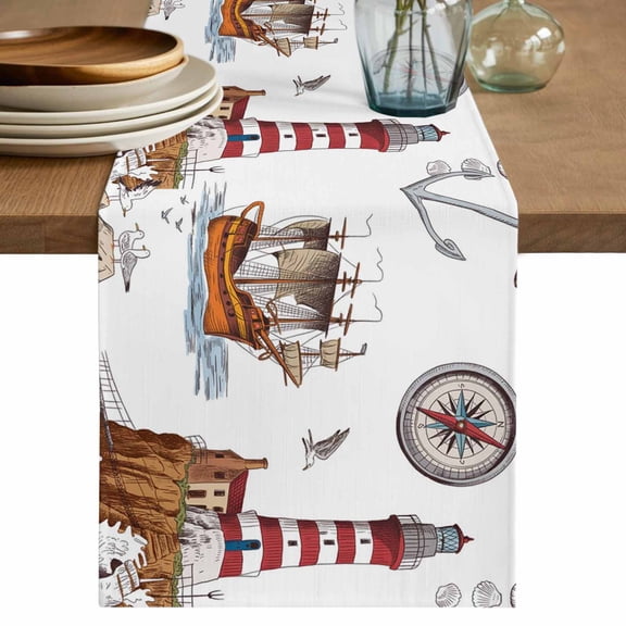 Nautical Lighthouses Table Runner 36 Inches, Ocean Ship Anchors Seashells Birds Bed Runner Dresser Scarves Tabletop for Indoor Outdoor Parties/Ceremony/Banquet, 13"x 36"