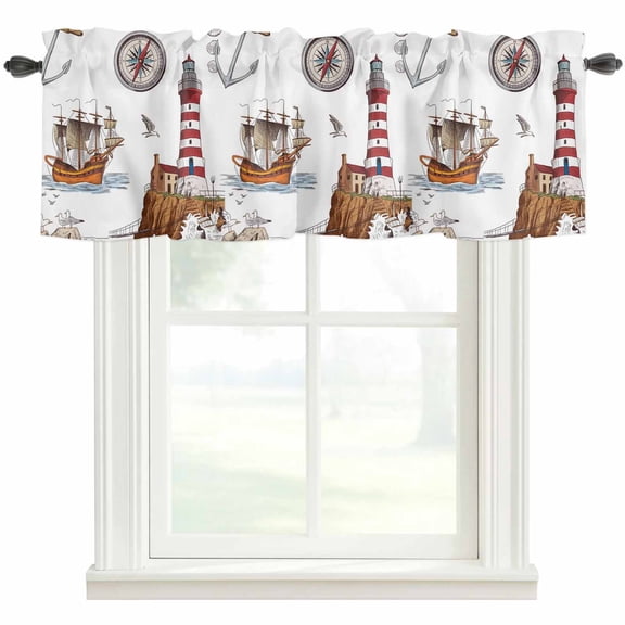 Nautical Lighthouses Valances for Windows Farmhouse Kitchen Curtains Valances Rod Pocket Valance Curtains for Windows Ocean Ship Anchors Seashells Birds Window Valances for Bathroom Bedroom 42"x12"