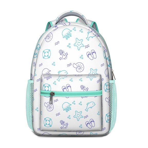 Nautical Lightweight Backpack - Waterproof School Bag with Anchor & Fish Print, Ergonomic Support & Spacious Storage