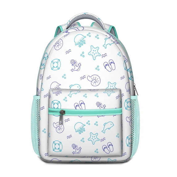 Nautical Lightweight Backpack - Waterproof School Bag with Anchor & Fish Print, Ergonomic Support & Spacious Storage