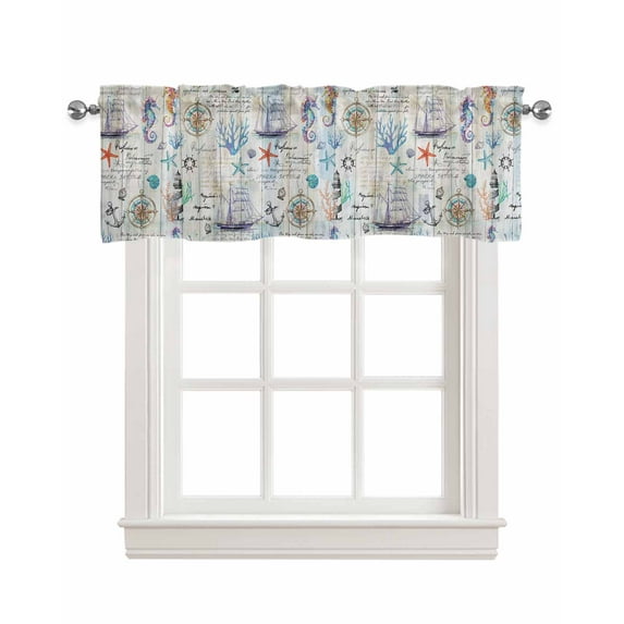 Nautical Linen Curtain Valance for Bedroom/Bathroom/Kitchen/Living/Dining Room Window,Ocean Coastal Sailling Boat Rustic Wood Grain Grey Pocket Topper Drapes Decorative Cafe Drapery Panel 60"x18"