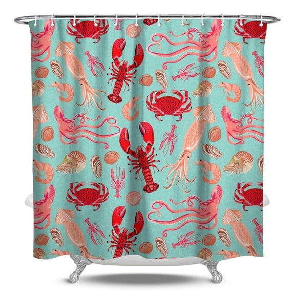 Nautical Lobster Shower Curtain Waterproof Fabric with Plastic Hooks Seafood Crustacean Marine Ocean Sea Life Pattern Bathroom Shower Curtain Cute Funny Red and Blue Coastal Vintage Tropical Beach Des