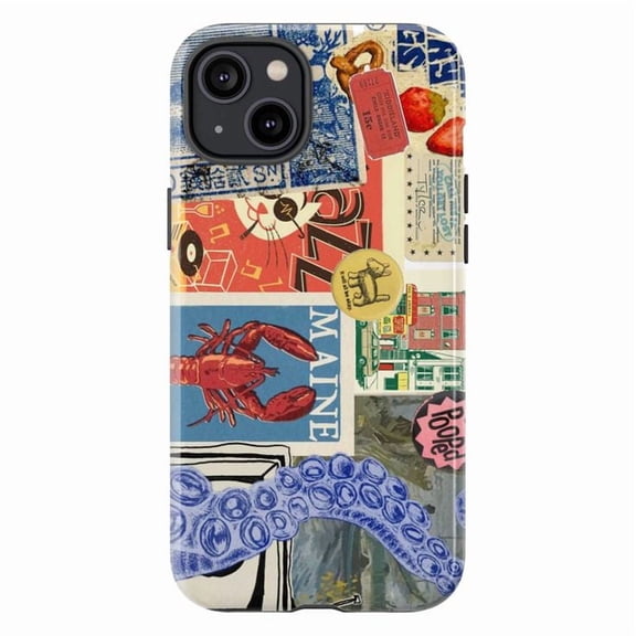 Nautical Maine Lobster Collage Phone Case, Vintage Travel Tentacle Art Cover for iPhone 17 16 15 14 13 12 11 Pro Plus Mini