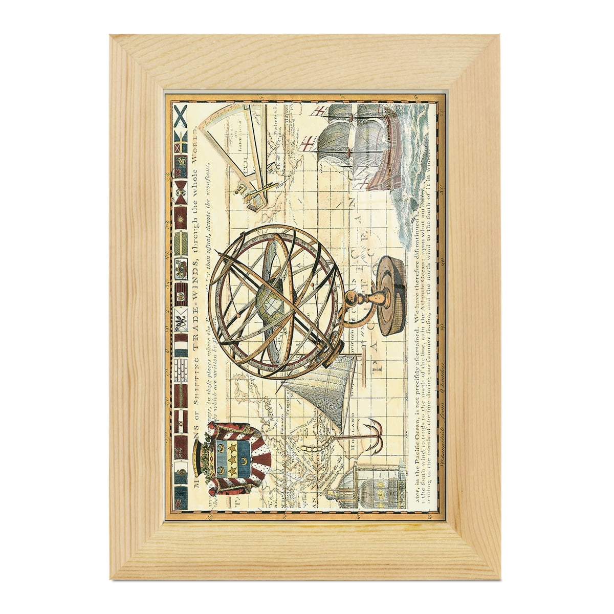 Nautical Map I -Framed Print w/glass-Natural Wood