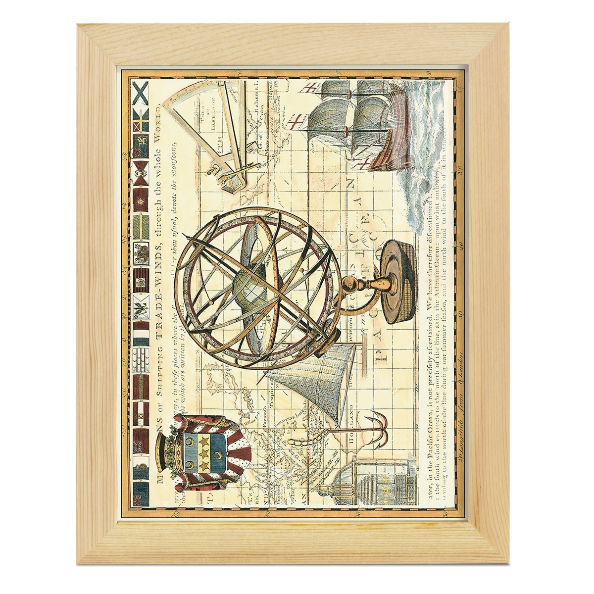 Nautical Map I -Framed Print w/glass-Natural Wood