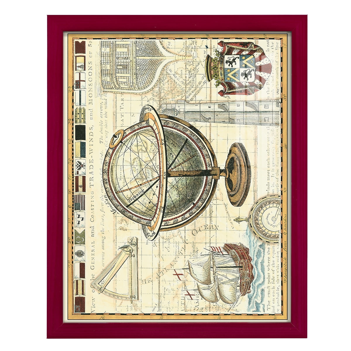 Nautical Map II -Framed Print w/glass-Cherry Red