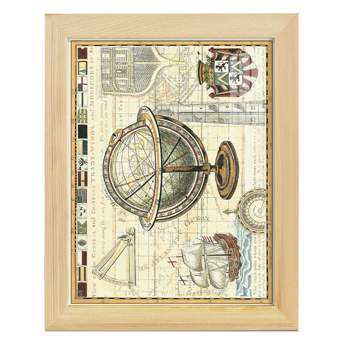 Nautical Map II -Framed Print w/glass-Natural Wood