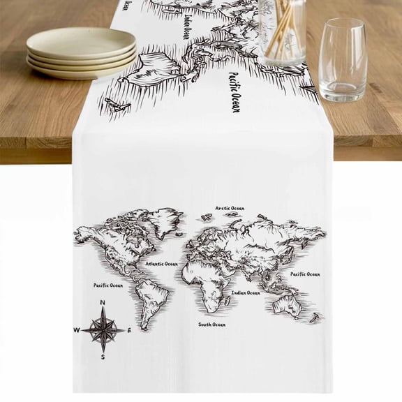 Nautical Map Table Runner - 36 Inch Long Coastal Vintage Ocean Map Compass Cotton and Linen Blended Dress Scarves Farmhouse Table Runner for Kitchen Dining, Coffee Table, 13" x 36"