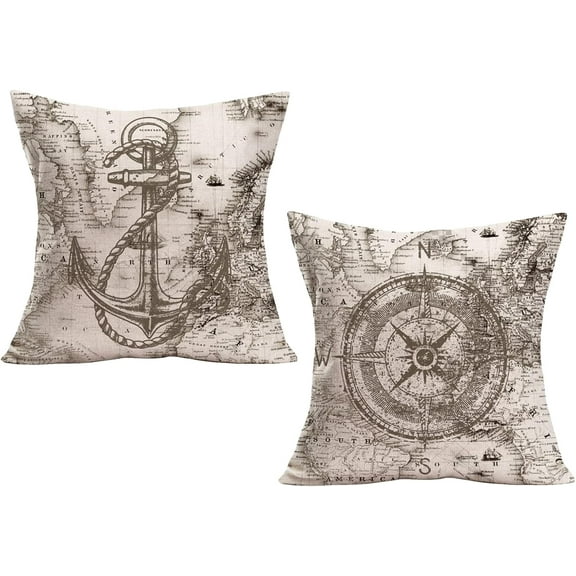 Nautical Map Throw Pillow Covers 18x18 Inch Set of 2 Vintage Anchor Rope Compass Decorative Ocean Sea Pillows Cases Cotton Linen Outdoor Summer Cushion Cover for Sofa (Anchor 2) (001)
