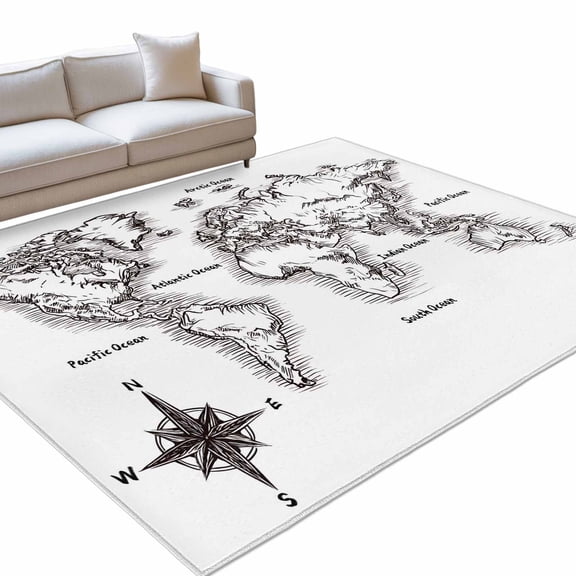 Nautical Map Washable Rug 9x12 Area Rug for Living Room Bedroom Non Slip Indoor Floor Rectangle Carpet Soft Low Pile Large Coastal Vintage Ocean Map Compass Entryway Rugs for Dining Room Office Home