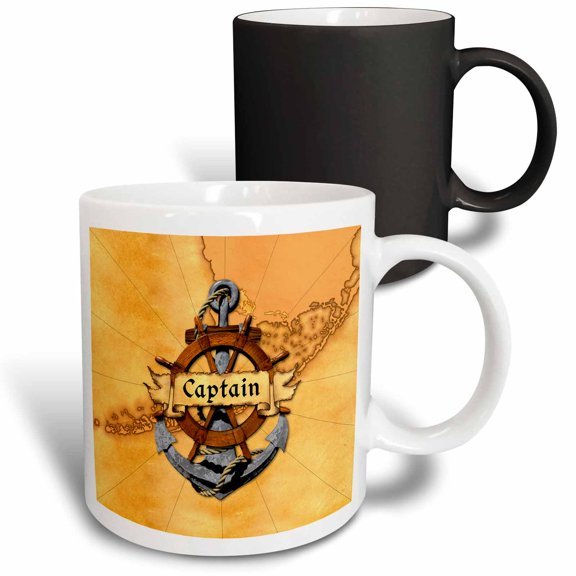 3drose, Nautical Map with Captain Banner, Ship Helm, and Ship Anchor., 11oz Magic Transforming Mug