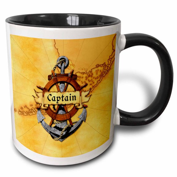 3drose, Nautical Map with Captain Banner, Ship Helm, and Ship Anchor., 11oz Two-tone Black Mug