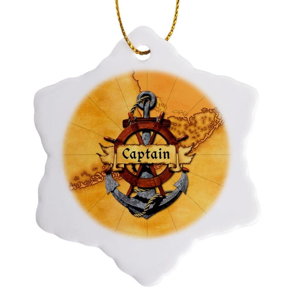 3drose, Nautical Map with Captain Banner, Ship Helm, and Ship Anchor., 3 inch Snowflake Porcelain Ornament