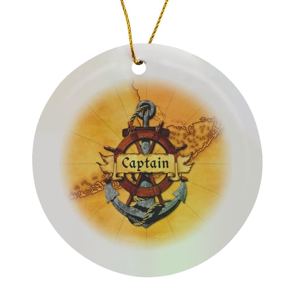 3drose, Nautical Map with Captain Banner, Ship Helm, and Ship Anchor., Circle Porcelain Ornament