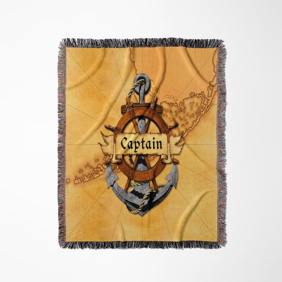 Nautical Map With Captain Banner, Ship Helm, And Ship Anchor., Woven Blanket