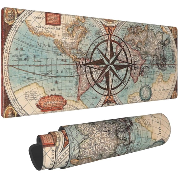 Nautical Map World Compass Rose Travel Mouse Pad XL Extended Mouse Mat, Non Slip Rubber Base Stitched Edge Gaming Pc Large Mice Pad 31.5 X 11.8 Inch
