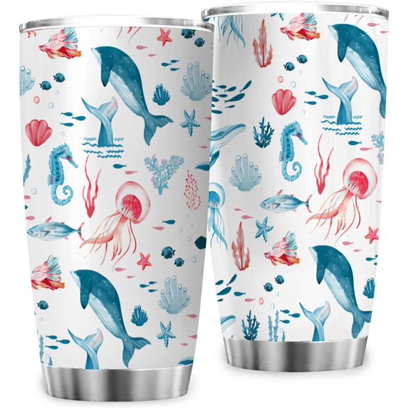 Nautical Marine Animals 20oz Tumbler with Lid Sea Turtle Whale Jellyfish Sea Horse Crabs Weeds Blue Vacuum Insulated Cup Water Bottle Travel Coffee Mugs