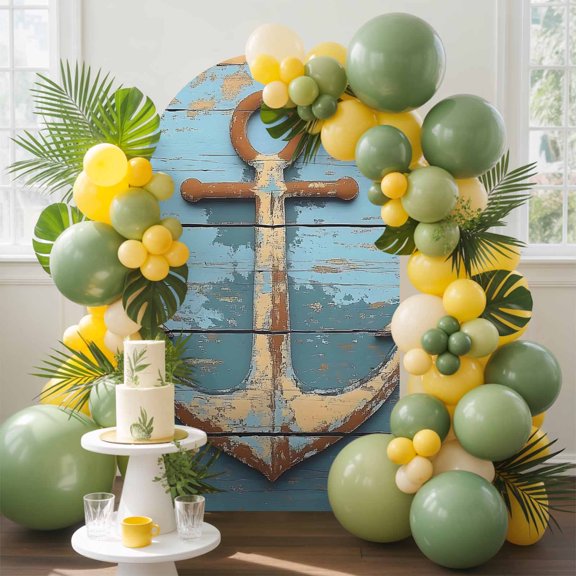 Nautical Marine Arch Backdrop Cover, 7.2FT, Vintage Brown Anchor Wood Grain Spandex Arch Covers Double-Sided Backdrop for Wedding Birthday Party Photo Background Decoration