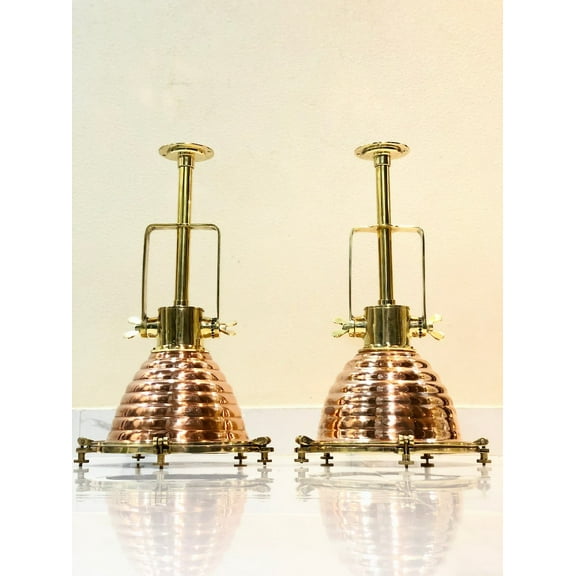 Nautical Marine Brass and Copper Cargo Pendant Light Medium Ceiling Fixture, Vintage Coastal Lighting (Set of 2)
