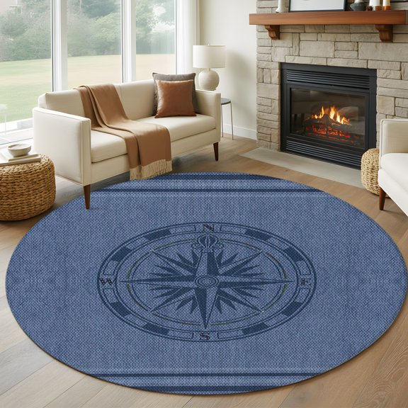 Nautical Marine Compass Texture Round Rug 5ft Stripe Line on Jean Blue Washable Area Rugs for Living Room Bedroom Entryway Non Slip Entrance Door Mat Indoor Floor Carpet