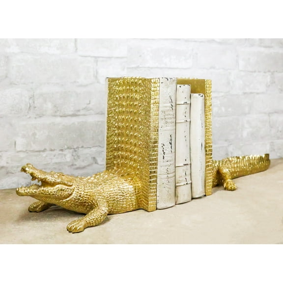 Nautical Marine Faux Gold Crocodile Alligator Head And Tail Bookends Pair Set