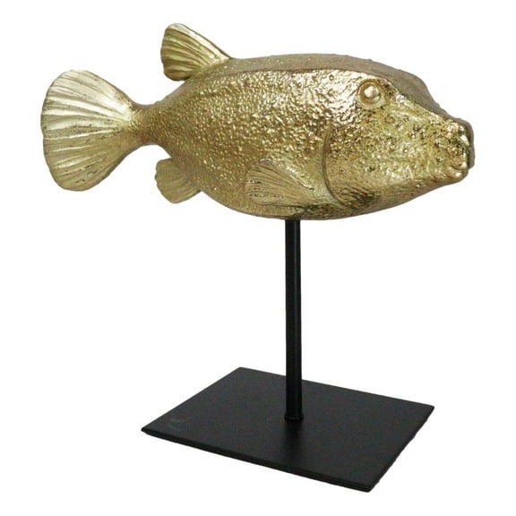 Nautical Marine Gold Tone Yellow Boxfish Fish Sculpture With Museum Pole Stand