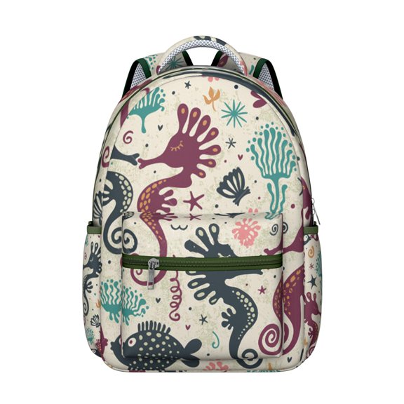 Nautical Marine Life Student Backpack Durable Waterproof School Bag with Seahorse, Starfish, and Seaweed Cartoon Print, Breathable Foam Padding, Adjustable Straps for Outdoor Activities