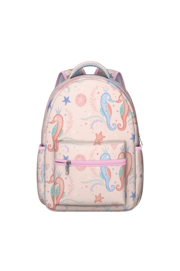 Nautical Marine Life Student Backpack Durable Waterproof School Bag with Seahorse, Starfish, and Seaweed Cartoon Print, Breathable Foam Padding, Adjustable Straps for Outdoor Activities