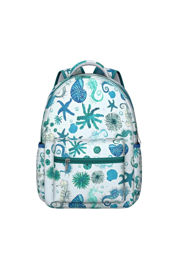 Nautical Marine Life Student Backpack Durable Waterproof School Bag with Seahorse, Starfish, and Seaweed Cartoon Print, Breathable Foam Padding, Adjustable Straps for Outdoor Activities